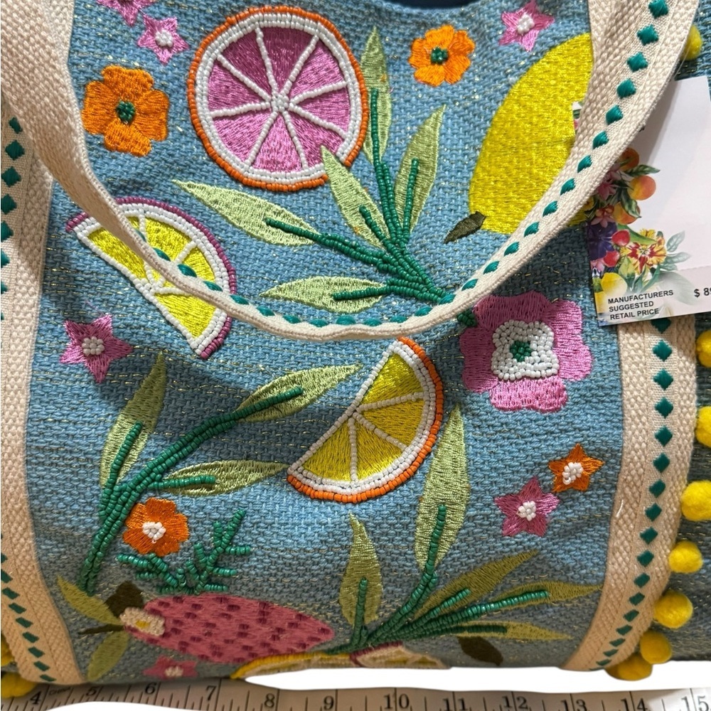 Beach Bag Express Edit Tote-Blue Tropical Embroidered Tote Bag with Pom-Pom Trim - Picture 9 of 16